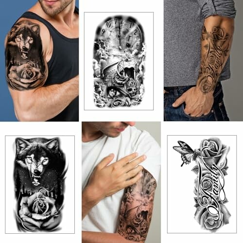 Collage of arm tattoo designs featuring wolves, clocks, roses, and a butterfly.