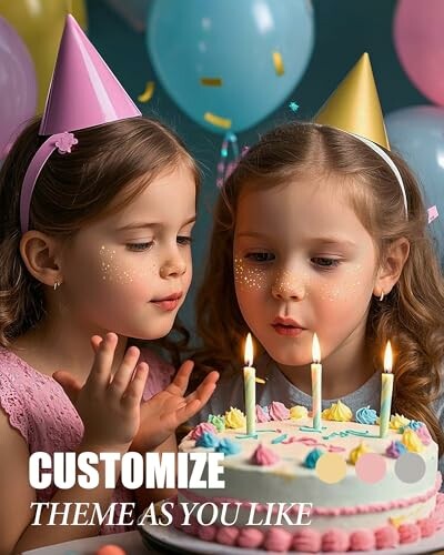 Two children with party hats blowing out candles on a birthday cake.