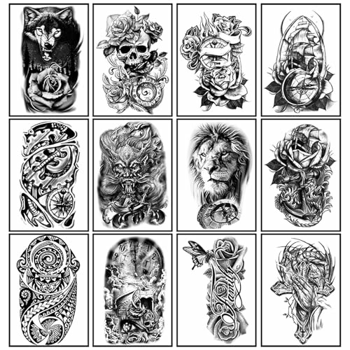 A grid of twelve black and white tattoo designs featuring animals, skulls, and intricate patterns.