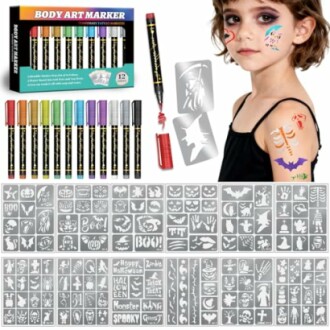 Body art marker set with stencils and child with face paint