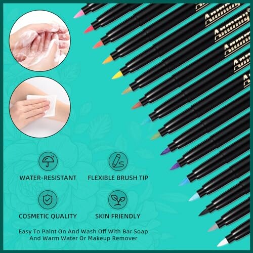 Colorful body paint markers set with features listed.