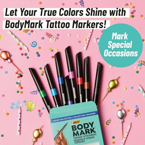 BodyMark tattoo markers in colorful packaging with decorative background.