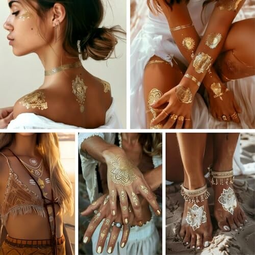 Collage of bohemian style metallic body art on women.
