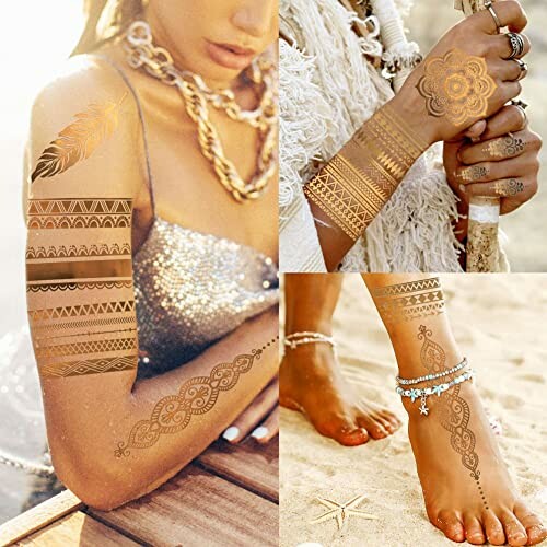 Bohemian style metallic temporary tattoos on arms and legs.