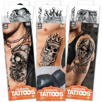Costume tattoo packs featuring skull designs with chains, crown, and hood.