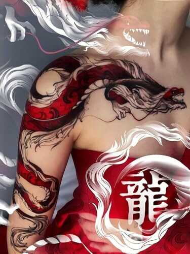 Person with dragon tattoo on shoulder and arm, wearing a red dress.