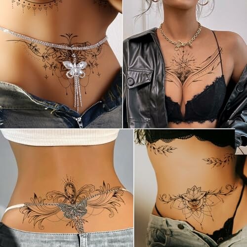 Collage of elegant floral tattoos on women's bodies.