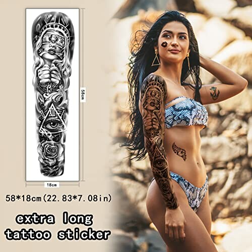 Woman with long tattoo sleeve wearing swimwear