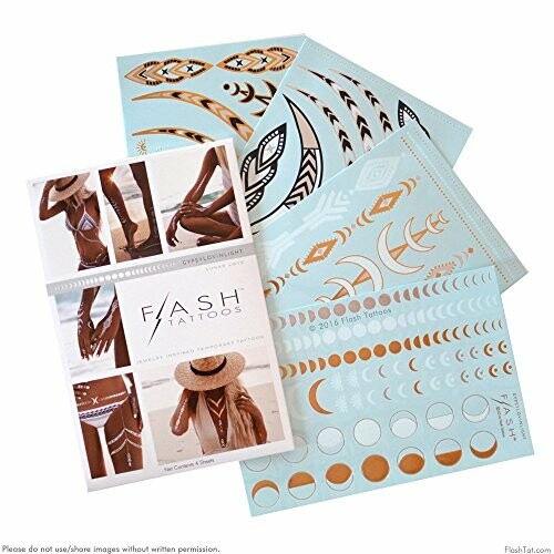 Assorted flash tattoos with various designs.