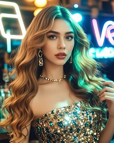 Glamorous woman with long wavy hair in a sparkly dress, standing in neon-lit setting.