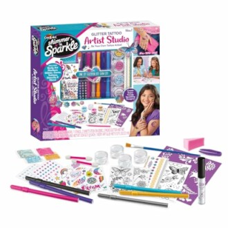 Glitter tattoo artist studio kit with markers, stencils, and glitter.