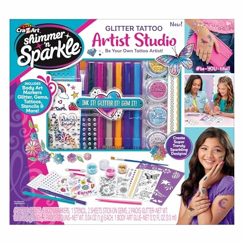 Glitter Tattoo Artist Studio set with markers, glitter, gems, and stencils.
