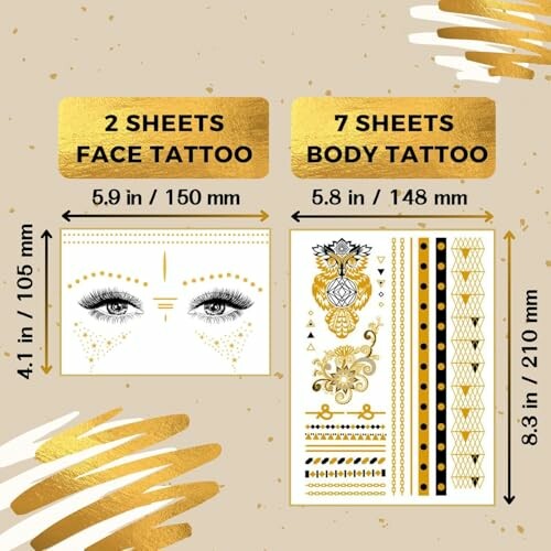Set of gold temporary tattoos for face and body, including decorative patterns and designs.