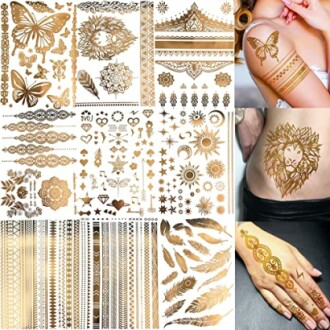 Collage of golden temporary tattoo designs including butterflies, patterns, and feathers.