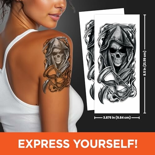 Woman with grim reaper tattoo on shoulder, tattoo design shown separately.