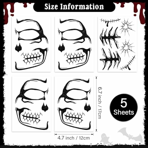 Five sheets of Halloween skull face tattoo stickers with size information.