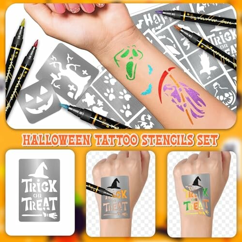 Halloween tattoo stencils set with colorful designs on skin.