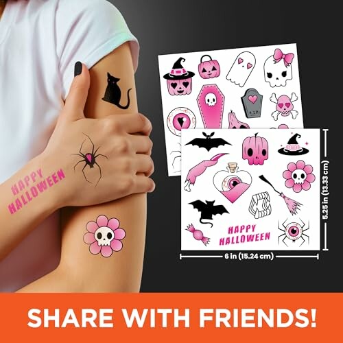 Person with Halloween-themed temporary tattoos featuring a black cat and spider, alongside a sheet of pink and black Halloween tattoo designs.