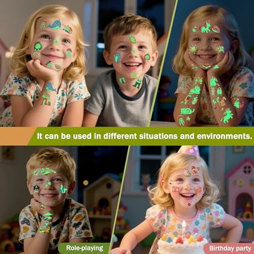 Children with stickers on faces playing in different settings.