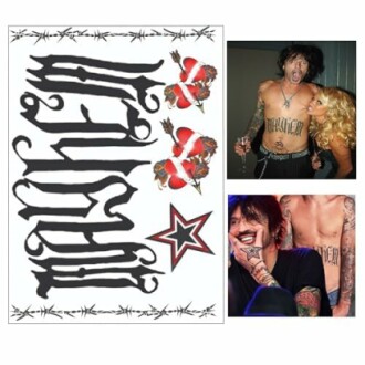 Tattoo design with mayhem text and images of tattoos on people.