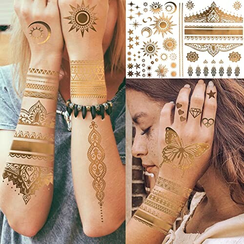 Metallic temporary tattoos on arms and hands with sun, moon, stars, and geometric designs.