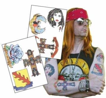 Person with red bandana and rock-themed tattoos on arms.