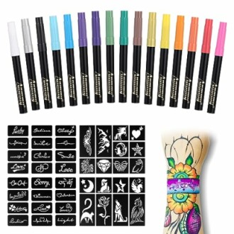 Tattoo markers and stencils kit with colorful pens and design templates.