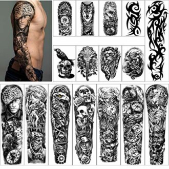 Collage of various tattoo sleeve designs featuring skulls, animals, and abstract patterns.