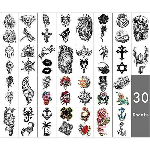 Collection of 30 temporary tattoo designs in various styles and themes.