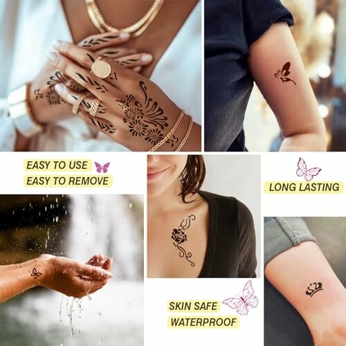 Collage of temporary tattoos on hands and arms with descriptions of their features.