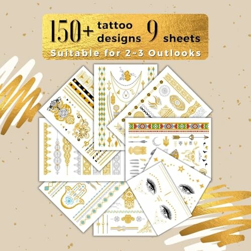 Collection of 150+ temporary tattoo designs on 9 sheets.