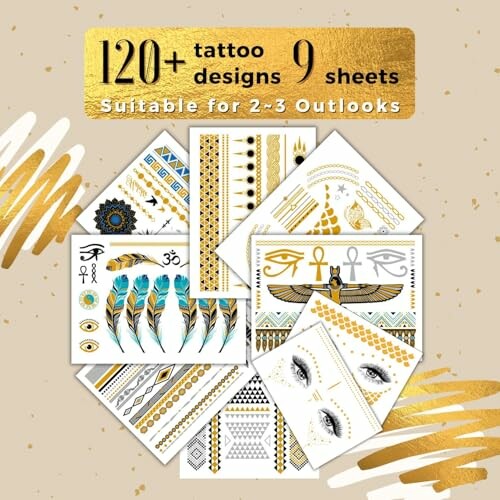Temporary tattoo sheets with various designs and patterns.