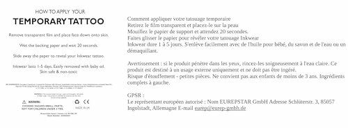 Instructions for applying a temporary tattoo in English and French.
