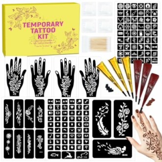 Temporary tattoo kit with stencils, cones, and designs for hands.