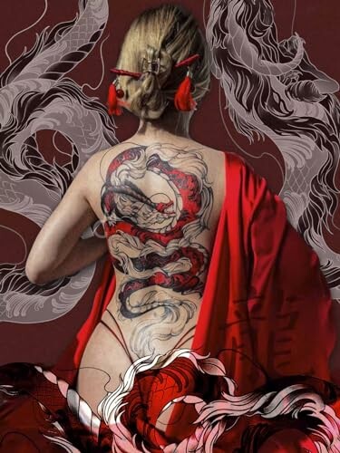 Woman with dragon tattoo on her back, wearing red fabric.